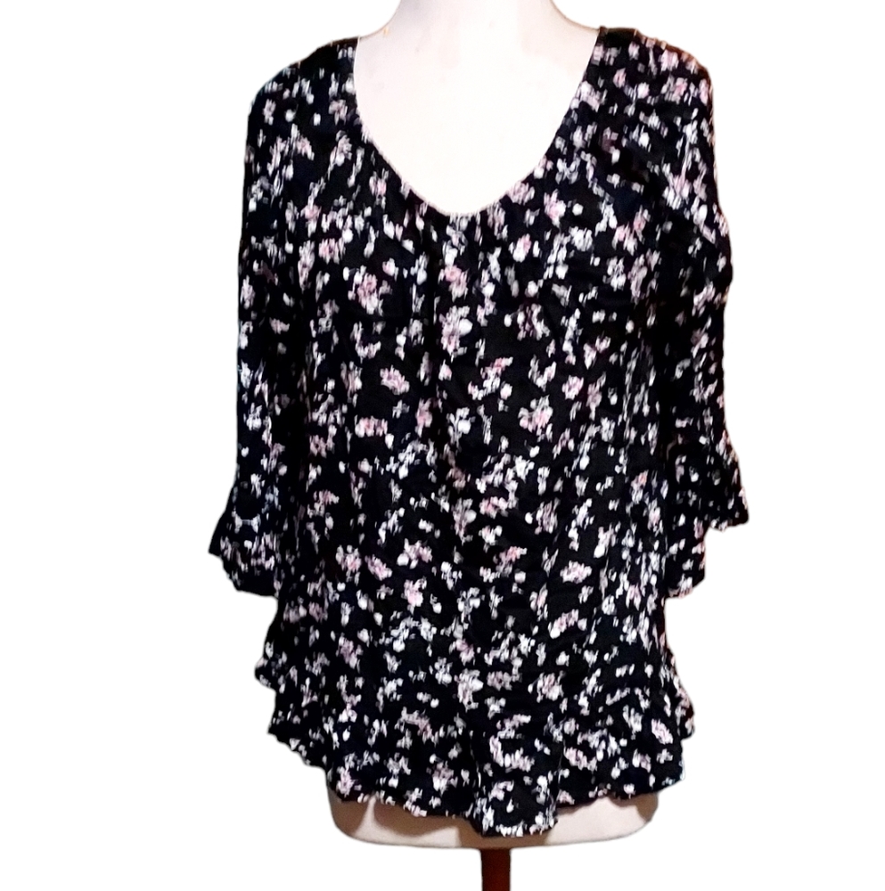 Cato 2xl Blouse Top Shirt 3/5 Bell Sleeve Black Pink Floral Lightweight Flowy di